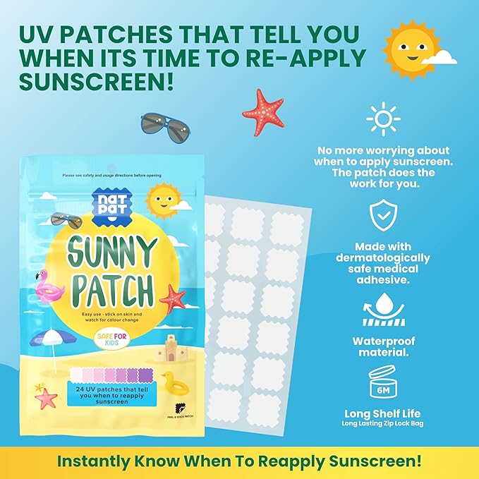 NATPAT Sunny Patch UV Detection Stickers Sunburn Prevention for Kids and Adults - Natural Waterproof Patches, Changes Color When Time To Reapply Your SunScreen - BuzzPatch (24 Pack)