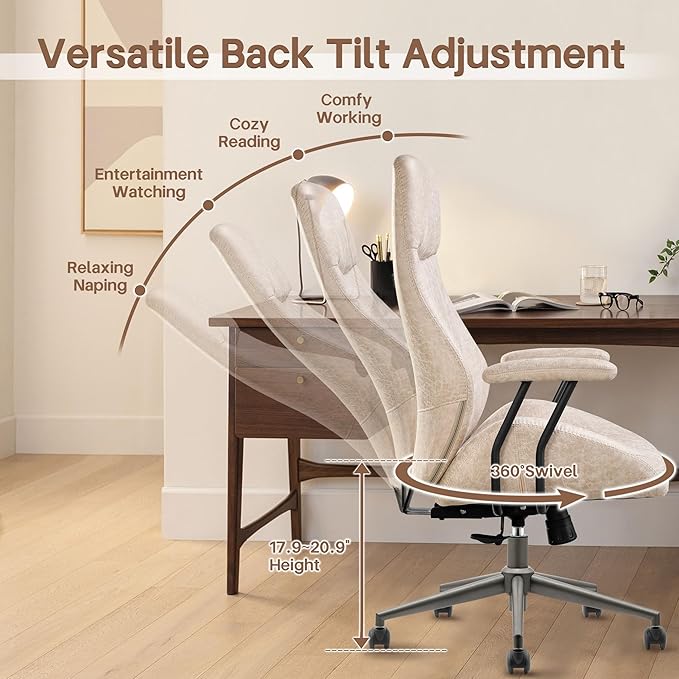 HOOOWOOO Faux Suede Leather Home Office Chair,MCM Modern Ergonomic Task Work Chair,Computer Desk Chair with Cushion Seat Lumbar Support Reclining High Back for Long Hours(Beige)