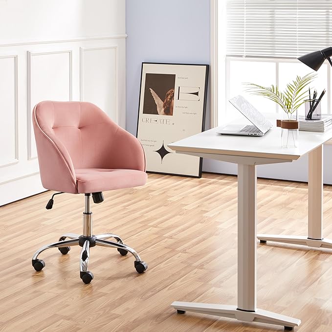 Yaheetech Pink Office Chair Small Cute Vanity Chair with Back Wheels Velvet Swivel Rolling Desk Computer Armchair for Bedroom Living Room