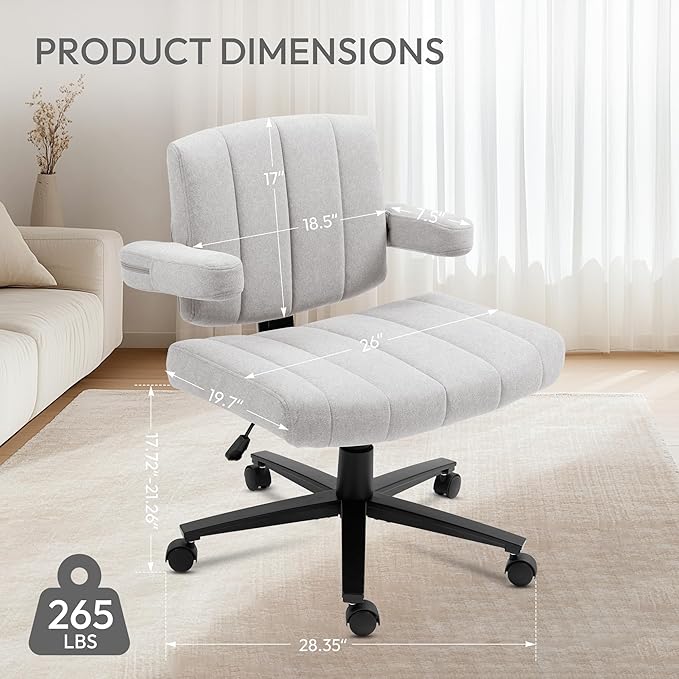 Ergonomic Office Chair - Wide Seat Criss Cross Back Design, Adjustable Arms, 360° Swivel with Wheels, Grey