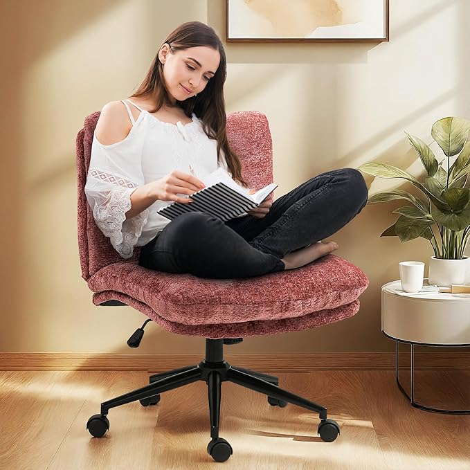 Dowinx Criss Cross Chair with Wheels, Dual-Layer Thickened Cushion, Premium Fabric Stylish Home Vanity Chair Wide Seat, Wine Red