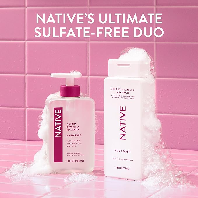Native Body Wash Contains Naturally Derived Ingredients | For Women & Men, Sulfate, Paraben, & Dye Free Leaving Skin Soft and Hydrated | Cherry & Vanilla Macaron 18 oz