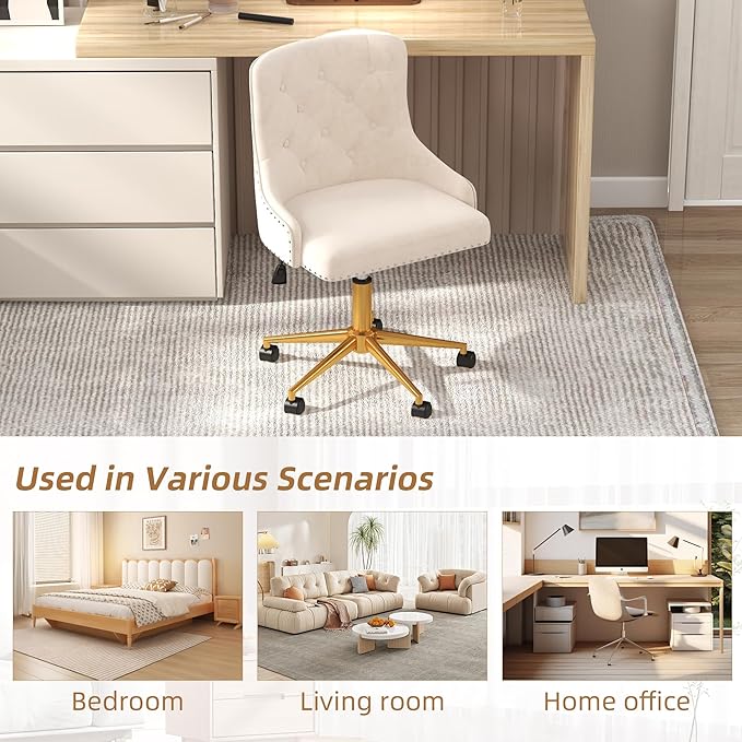 Westice Velvet Desk Chairs, Upholstered Swivel Comfy Makeup Vanity Chair with Tufted Back, Gold Metal Base & Wheels, Height Adjustable Chair for Girls, Bedroom Living Room, Beige