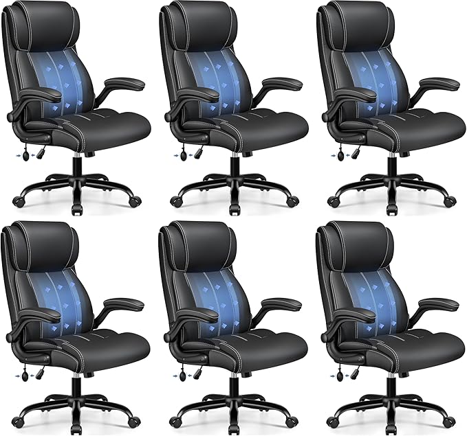 Ergonomic Office Chair - Desk Computer Chair, Leather High Back Executive Chairs with Adjustable Lumbar Support & Flip Up Arms, Black 6 Pack