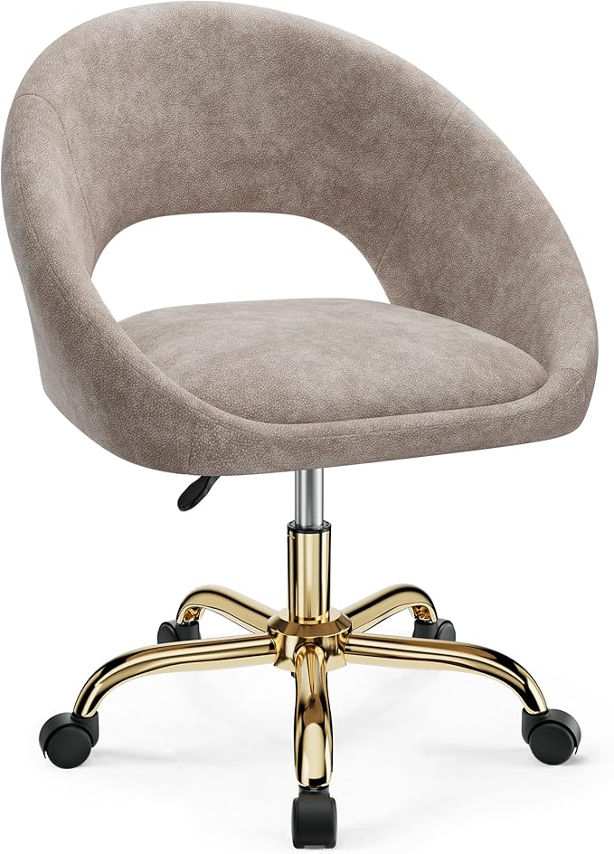 Vanity Chair with Wheels, Waterproof Modern Makeup Vanity Chairs with Back Adjustable Height, Comfy Cute Home Office Desk Chairs for Bedroom, Living Room (Khaki)