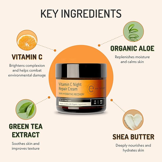 Eve Hansen Vitamin C Night Cream for Face and Neck - Hydrating, Brightening, Anti-Aging Moisturizer for Mature, Dry Skin - Non-Greasy - 2 oz
