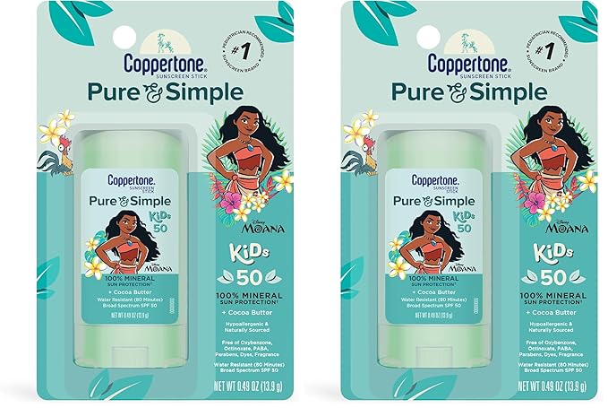 Coppertone Pure and Simple Kids Exclusive Disney Moana Sunscreen Stick SPF 50,Hypoallergenic,Mineral Sunscreen for Kids,Water Resistant,Oxybenzone and Octinoxate Free,0.49 Oz Stick,(Pack of 2)