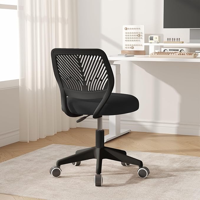 Armless Desk Chair, Height Adjustable Swivel Office Rolling Task Chairs with Soft Mesh Padded Cushion, Ergonomic Small Study Computer Chair for Girls Boys Teens (Black, 1PC)