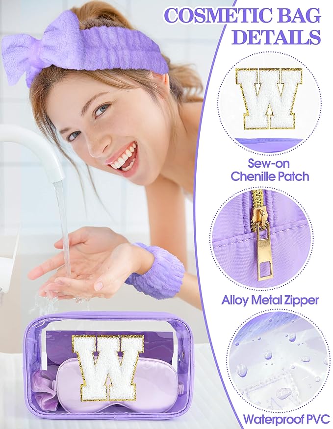 Gift Sets for Women, Initial Makeup Bag with Makeup Brush Set Bachelorette Party Favors, Purple Spa Kit with Skincare Headbands Wrist Bands Sleepover Party Supplies Gifts for Teen Girls Bridesmaid W