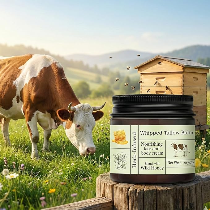 2PCS Beef Tallow for Skin, Grass-Fed Beef Tallow Balm with Raw Honey, Whipped Tallow Face & Body Cream, Natural Moisturizing Tallow Balm, Hydrating Organic Skin Care for Dry, Sensitive & Mature Skin