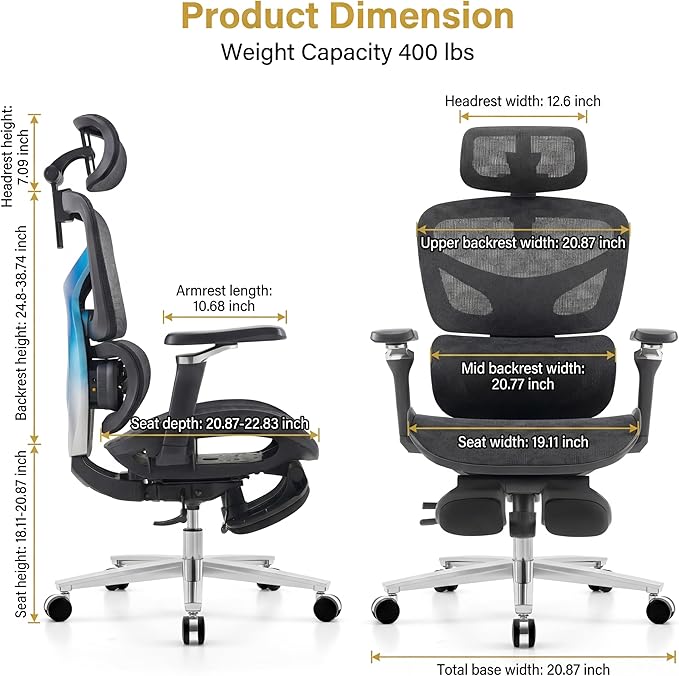 Ergonomic Office Chair with Footrest & Massage Lumbar Support – Adjustable Seat Depth & Back Height Reclining Big and Tall 400LBS Mesh Chair, 4D Headrest & 6D Armrests, for Home Office/Gaming (Black)