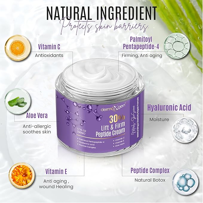 30% Lift & Firm Peptide Cream for Face - Organic Anti Aging Firming Cream for Wrinkles and Fine lines - Hydrating Formula with Matrixyl for Skin Firmness and Barrier Repair - 1.7 Fl Oz /50ML
