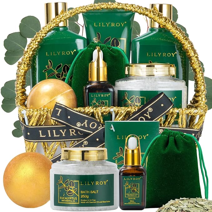 Spa Gift Basket for Mothers Day Gifts - 9 Pieces Premium Eucalyptus Bath & Body Care Kit for Women & Men, Holiday Gift for Valentines Day, Christmas, Fathers Day, Birthday with Shower Gel
