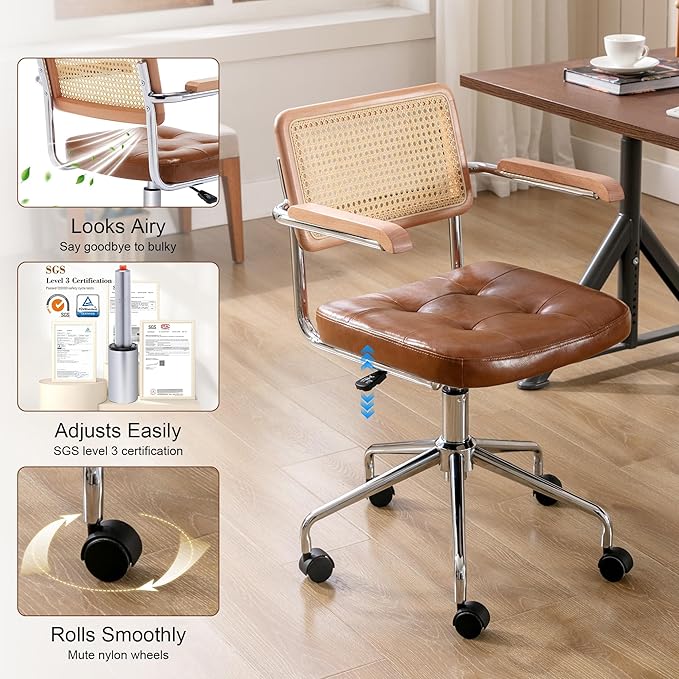 Zesthouse Leather Office Desk Chair with Wheels, Mid Century Rolling Desk Chair with Wood Arm & Natural Rattan Back, Modern Swivel Home Office Chair, Small Height Adjustable Computer Task Chair, Brown