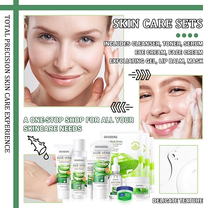 Skin Care Kit,Skincare Gift Set with Facial Cleanser,Toner,Serum,Eye Cream, Face Cream,Exfoliating Gel,Sleeping Lip Mask & 3 Pcs Aloe Vera Mask Kit for Women(10 Count)
