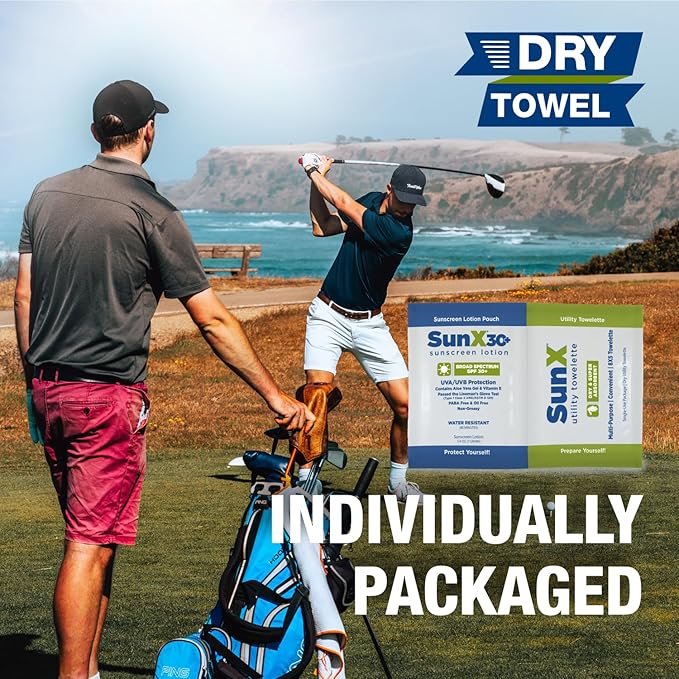 CoreTex Sun X 30+ Broad Spectrum Sunscreen Packets & Dry Towels Duo Kit - Pack of 100 Paraben, Oxybenzone, Octinoxate, & Oil Free Sunscreen - No White Cast and Water Resistant Up to 80 Minutes