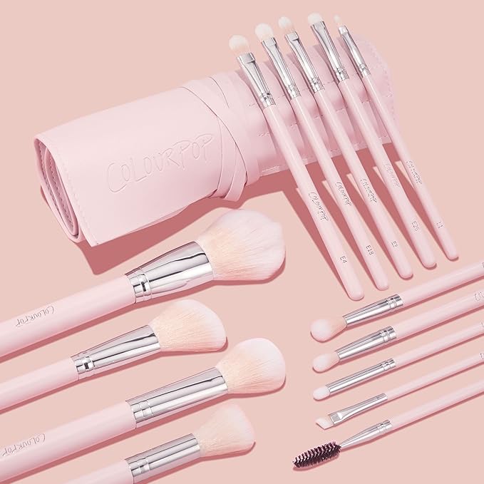 ColourPop Smoke 'N Roses Brush Roll Face & Eye Brush Set - Face & Eye Makeup Brush Set - Made with Luxe Synthetic Vegan Bristles - Includes Holder (14 Count)