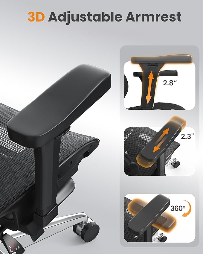 naspaluro Ergonomic Office Chair, High Back Mesh Desk Chair, 350lbs Capacity, Lumbar Support, 3D Armrest Headrest, Footrest, PU Wheels, Swivel Computer Chair for Home Office, Work & Gaming