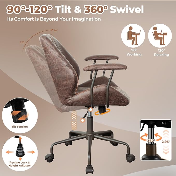 ovios Ergonomic Office Chair, Mid Back Faux Leather Executive Chairs with Armrests, Comfy Mid-Century Modern Swivel Rolling Computer Armchair (Dark Brown, Suede Leather)