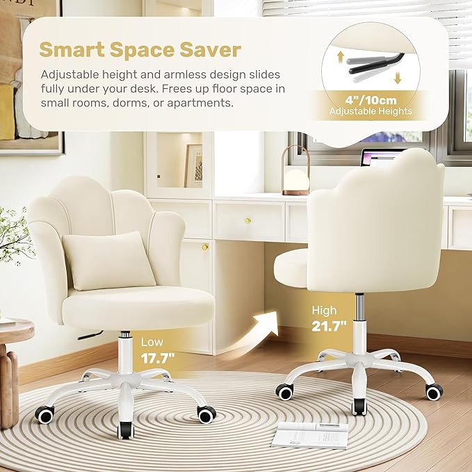 Petal Vanity Chair with Wheels, 3.15" Extra Thick Comfy Makeup Chair, Adjustable Modern Swivel Armless Desk Chair for Girls Women, Aesthetic Small Office Chair for Bedroom Dorm