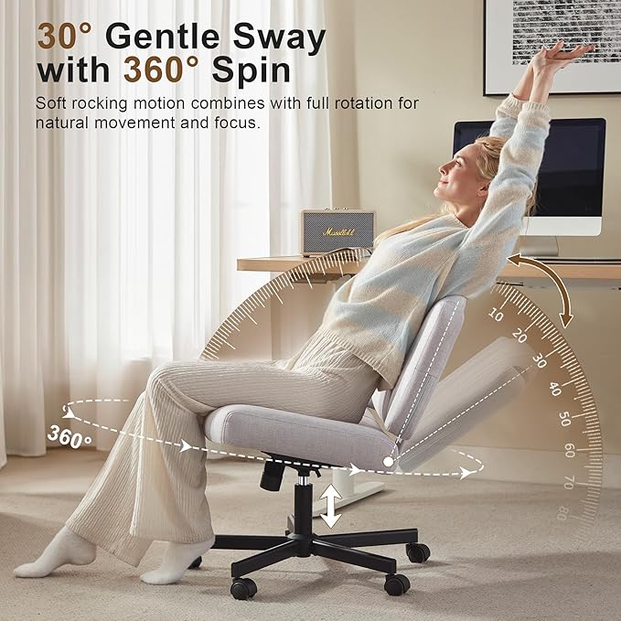 Criss Cross Chair with Wheels - Wide Seat Cross Legged Office Chair with Flip-up Arms - Comfy Swivel Rolling Desk Chair with Thick Cushion and Rocking Function for Home Office Vanity Bedroom
