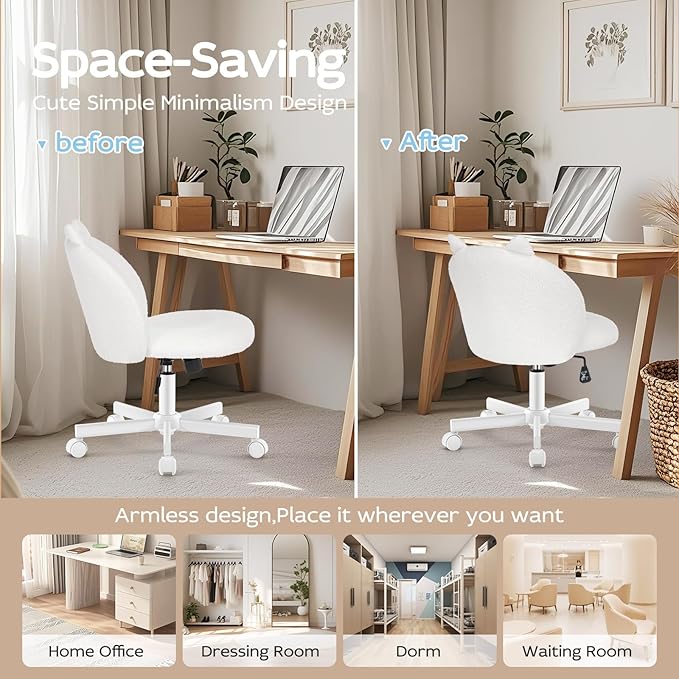 Vanity Chair with Cat Back,Armless Desk Chair Cute Small Office Chair,Teddy Fabric Computer Chair with Adjustable Height,120°Tilting,Rolling,Swivel for Vanity,Kids Room,Office,Bedroom White