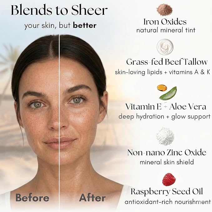 Tinted Mineral Sun Balm for Face. Chemical Filter-Free, Beef Tallow Non-Nano Zinc Formula, Made in USA, Non Toxic Ingredients