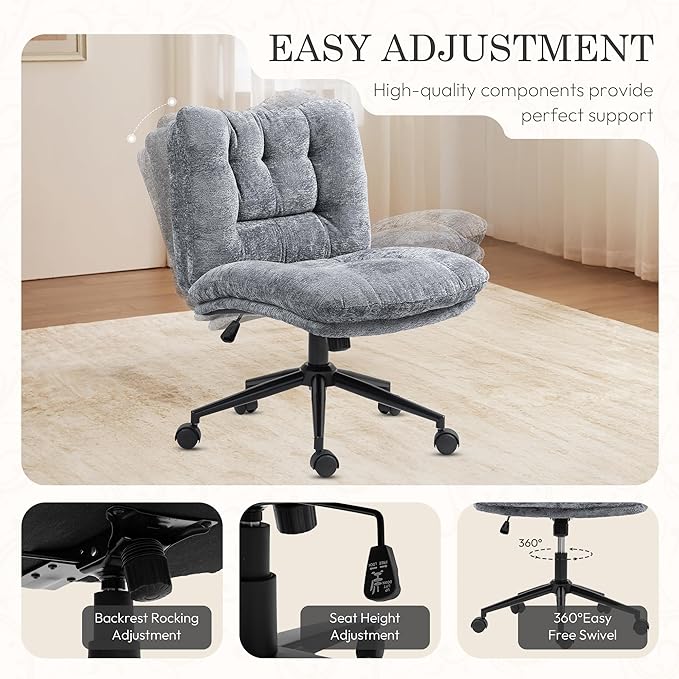 Dowinx Criss Cross Chair with Wheels, Dual-Layer Thickened Cushion, Premium Fabric Morden Home Vanity Chair Wide Seat, Ash Gray