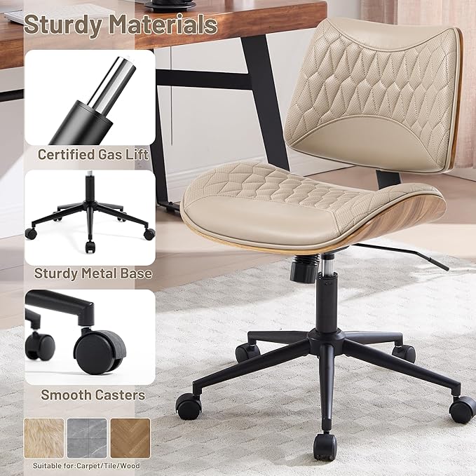 Walnut Bentwood Mid Back Armless Office Chair 1 Pack, Adjustable Height PU Leather Swivel Desk Chair with Wheels, Rolling Computer Task Chair for Home Office, Study, Meeting Room
