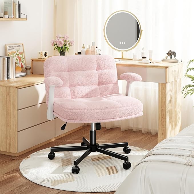 Criss Cross Chair with Wheels and Flip-up Arms, Adjustable Height, Teddy Plush Fabric,Pink, for Bedroom, Home Office, Apartment,Vanity