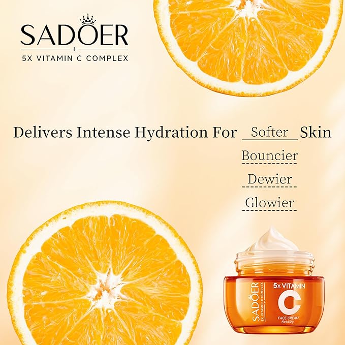 SADOER Vitamin C Face Cream 2 Pack, 5X Vitamin C with Hyaluronic Acid & Niacinamide, Daily Moisturizer to Boost Radiance, Hydrate & Even Skin Tone, For All Skin Types, 50g Each