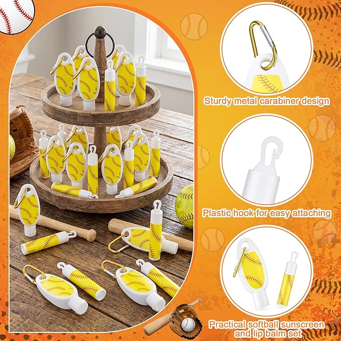 Demissle 12 Sets Softball Party Favors Mini Sunscreen and Sunscreen Lip Balms Bulk Spf 30 Travel Size 1oz Lotion with Carabiner Clip-on Lip Balms Packets for Team Women Birthday Gifts(Softball)