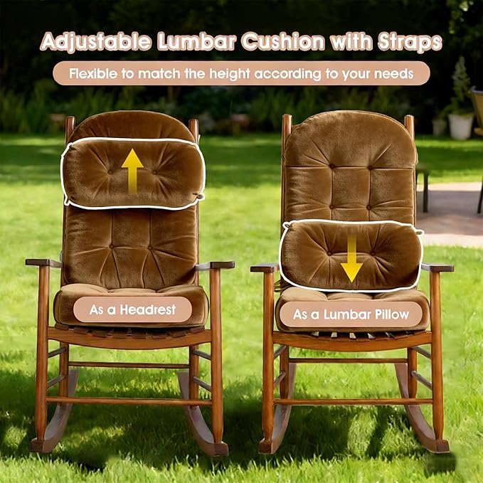 Rocking Chair Cushion Indoor Large Chair Pads Set with Ties Extra Lumbar Pillow Premium Dutch Velvet High Resilience Filler Non-Slip Bottom, Khaki