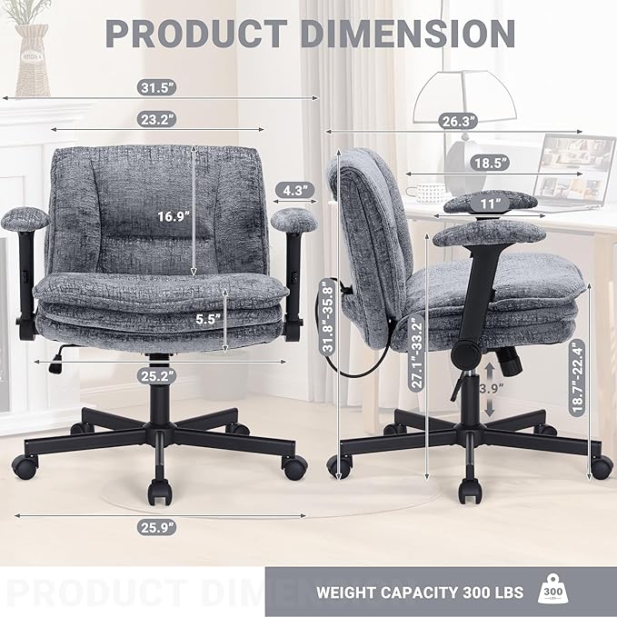 Criss Cross Chair with Wheels and Flip Arms, Upholstered Cross Legged Office Chair with 3 Layer Cushions&Dynamic Airbag Lumbar Support, Wide Seat Comfy Desk Chair for Home Office, Living Room, Grey