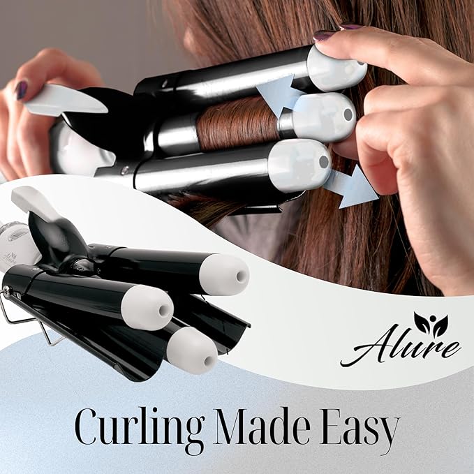 Alure Three Barrel Curling Iron Wand with LCD Temperature Display - 1 Inch Ceramic Tourmaline Triple Barrels, Dual Voltage Crimping Tool, Best Hair Waver for Beachy/Frizz Free Waves (zBlack/White)
