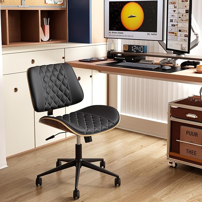 Home Office Chair No Arms with Wheels, Armless Adjustable Height Small Desk Chair, Armless PU Leather Computer Chair Mid Back 360 Swivel, Modern Walnut, Reading Meeting Room (Black)