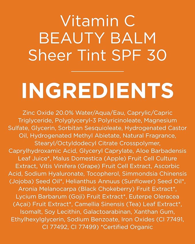 Andalou Naturals Vitamin C BB Beauty Balm Sheer Tint SPF 30-2-in-1 BB Cream & Mineral Sunscreen for Face - With Non-Nano Zinc Oxide Skin Protection - 2 fl oz