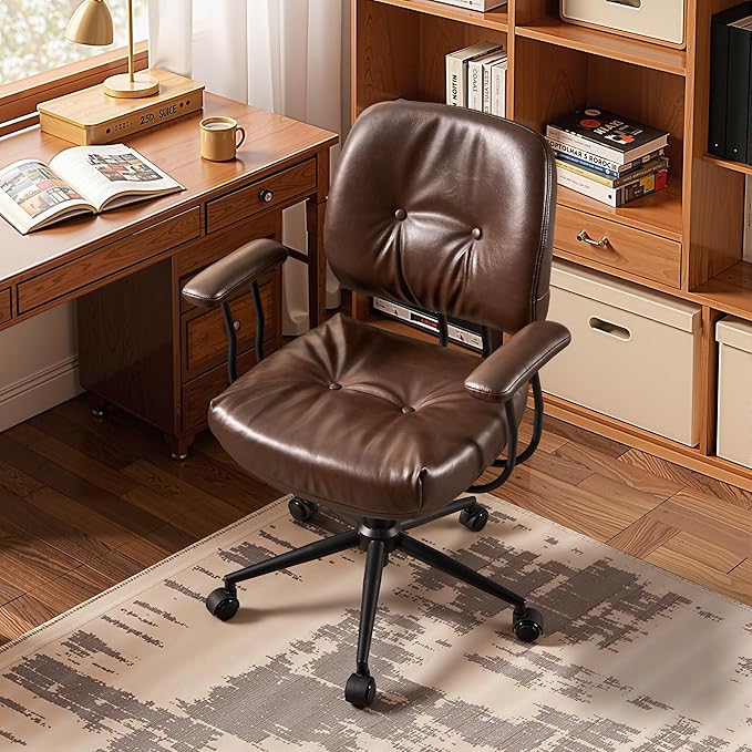 HOOOWOOO Ergonomic Office Chair,Mid Century Modern Computer Desk Chair,Comfy Executive Chair with Extra Wide Tufted Cloudy Seat Lumbar Support Rocking Back,PU Leather Dark Brown