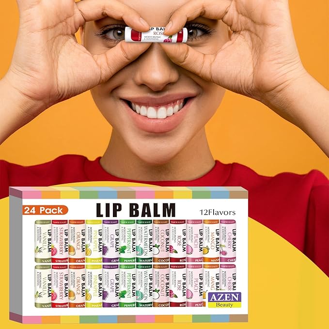 AZEN 24 Pack Lip Balm Bulk, Moisturizing Lip Balms for dry cracked lips, Valentines Gifts Easter Basket Stuffers - 12 Flavors