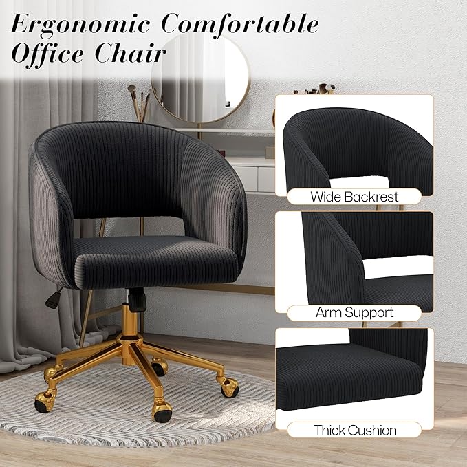 Home Office Swivel Desk Chair, Modern Corduroy Vanity Chair, Height Adjustable Armchair with Gold Base, Ergonomic Office Chair for Task Study Computer Room, Black