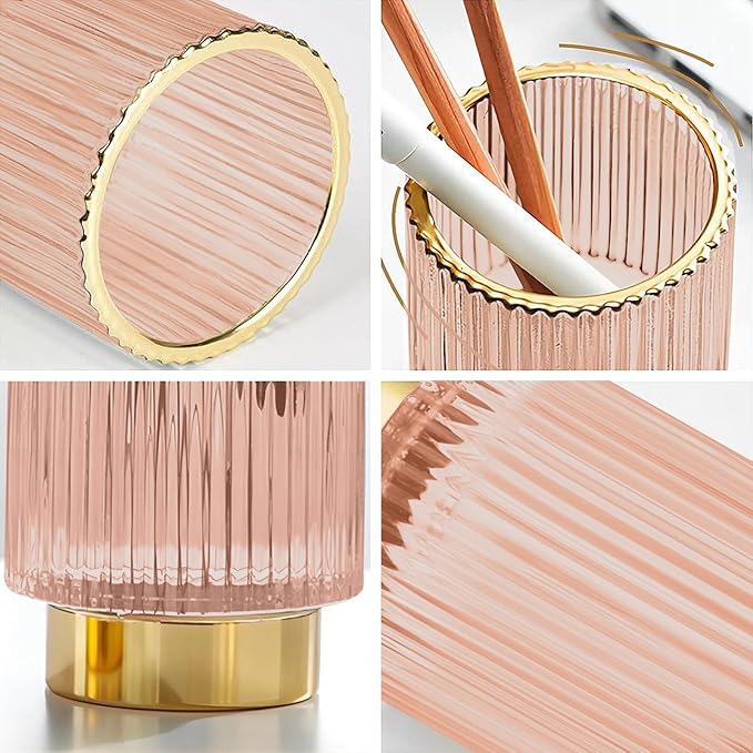 DASITON Makeup Brush holder Organizer,Crystal Cosmetic Makeup Brush Glass Brushes Storage Holder, Vintage Make Up Brush Cup Pen Pencil Holder striped vase(Pink S)