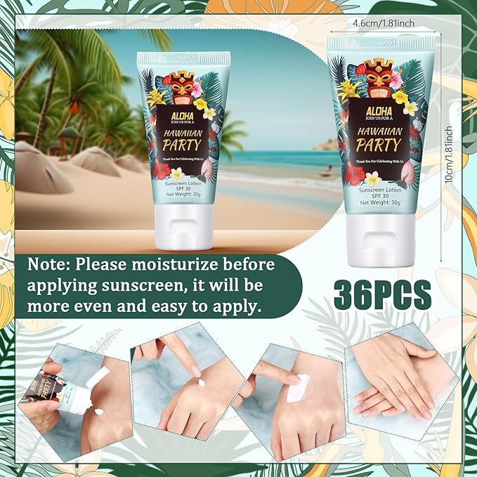 36 Pcs Mini Sunscreen Bulk for Summer Party Wedding SPF 30 Water Resistant Sunscreen Lotion Bulk 1oz Travel Size for Thank You Gifts Wedding Party Supplies (Hawaiian)