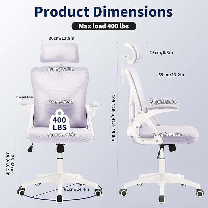 Office Chair,Ergonomic Desk Chair with Adjustable Lumbar Support,Purplr Office Chair 400 Lbs Mesh Computer Chair High Back with Headrest for Home Office (Lavender)