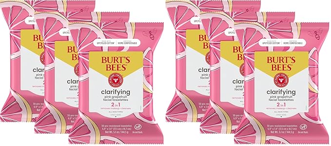 Burt's Bees Pink Grapefruit Face Wipes, for All Skin Types, Hydrating Makeup Remover & Facial Cleansing Towelettes, 30 Ct. (6-Pack)