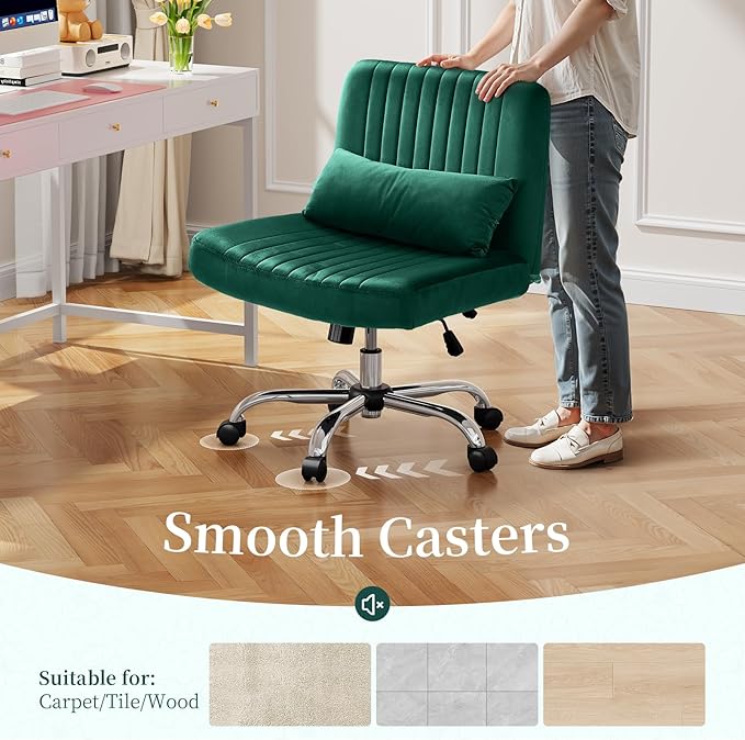 Warmiehomy Velvet Criss Cross Office Chair with Wheels, Luxury Cross Legged Desk Chair for Bedroom, Armless Wide Seat Computer Chair, Modern Vanity Chair, Gift for Teens & Girlfriend, Dark Green