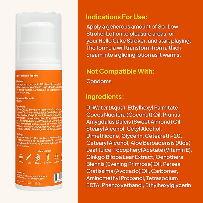 Hello Cake So-Low Stroker Lotion - Creamy Moisturizing and Long-Lasting Below the Belt Solo Bator Cream for Men, With Coconut Oil, Avocado Oil, Aloe Vera, 8 fl oz