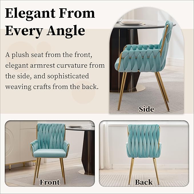 Westice Home Office Desk Chair, Upholstered Hand Weaving Desk Chairs with Golden Metal Legs & Armrest, Modern Accent Chairs for, Living Room, Vanity Makeup Room, Blue