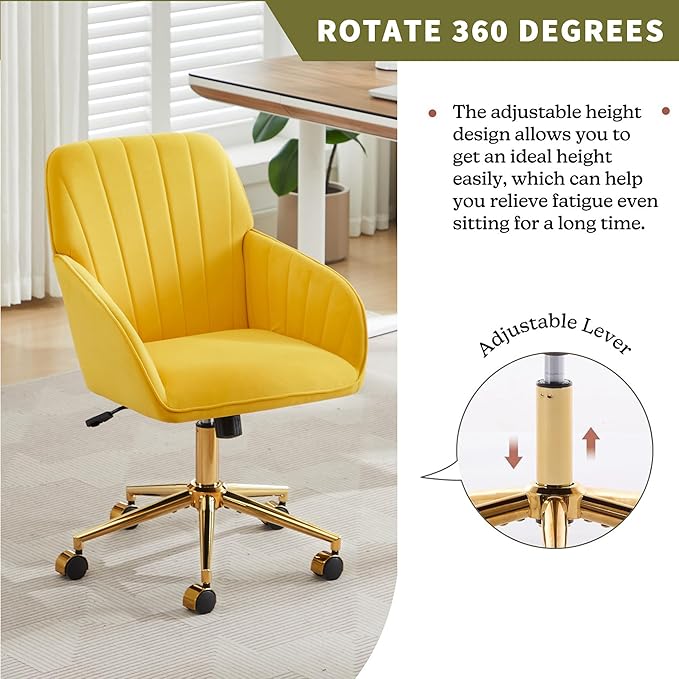 Velvet Home Office Desk Chair, Modern Cute Computer Task Chair with Back, Height Adjustable Upholstered Vanity Chair with Swivel Wheels for Women, Girls (Gold Base, Lemon Yellow