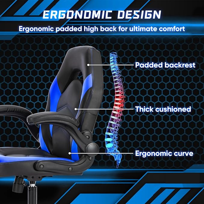 NEWBULIG Computer Gaming Desk Chair - Big Tall Ergonomic Lumbar Support with Flip-up Armrest and 360° Swivel Wheels, PU Leather Height Adjustable, for Home and Office, Blue