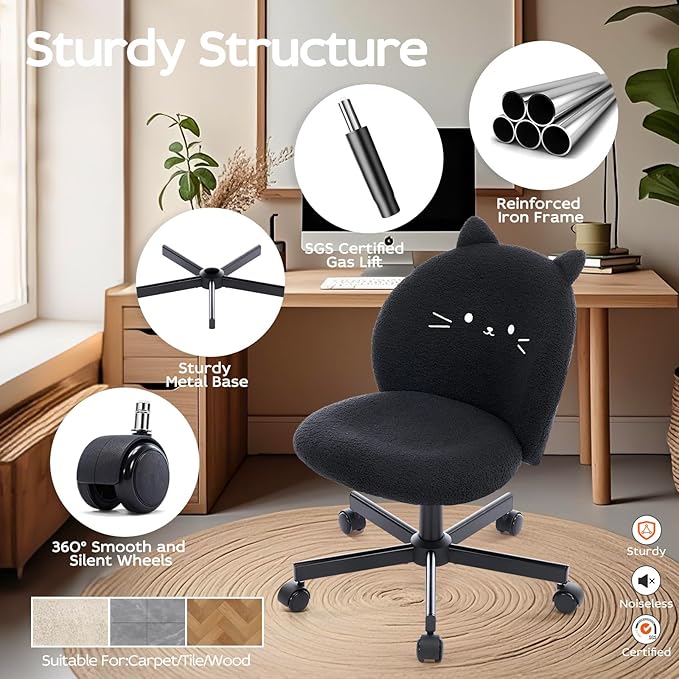 Vanity Chair with Cat Back,Armless Desk Chair Cute Small Office Chair,Teddy Fabric Computer Chair with Adjustable Height,120°Tilting,Rolling,Swivel for Vanity,Kids Room,Office,Bedroom Black